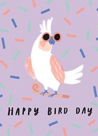 Ansichtkaart verjaardag happy bird day vogel en confetti